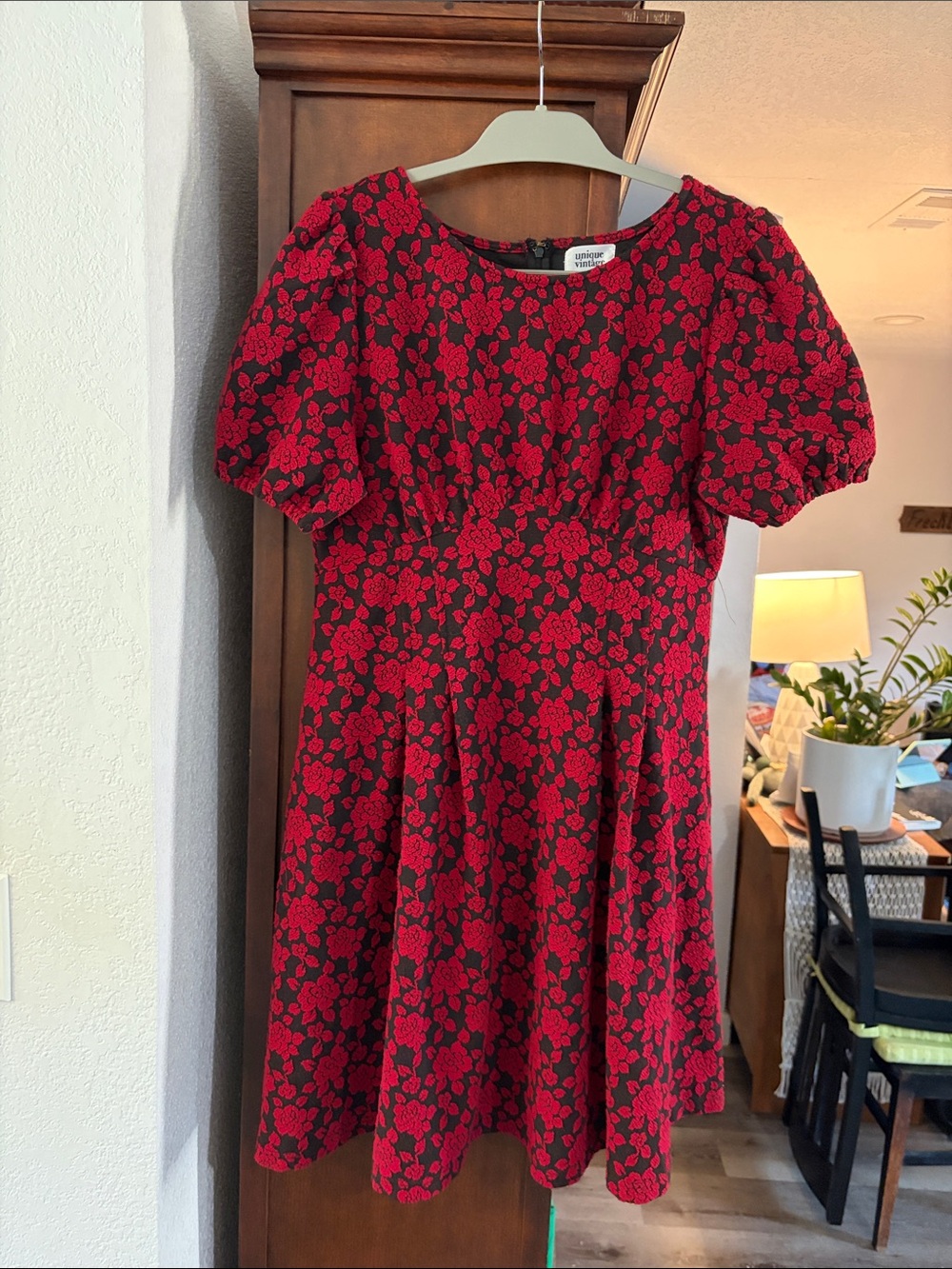 Unique Vintage Red and Black Floral Puff Sleeve Midi Dress